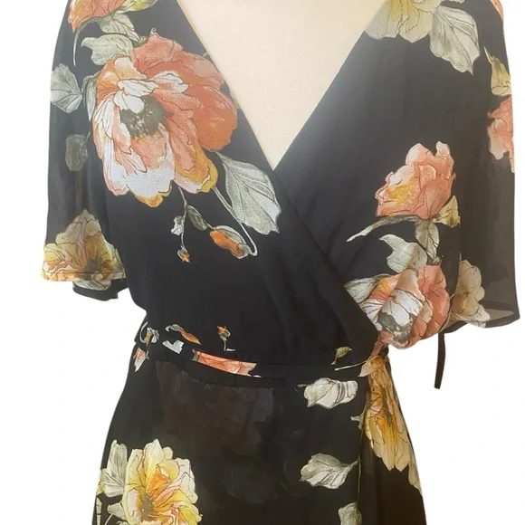 Luxology Black Floral Wrap Maxi Dress with Peach & Yellow Blooms - Picture 4 of 6